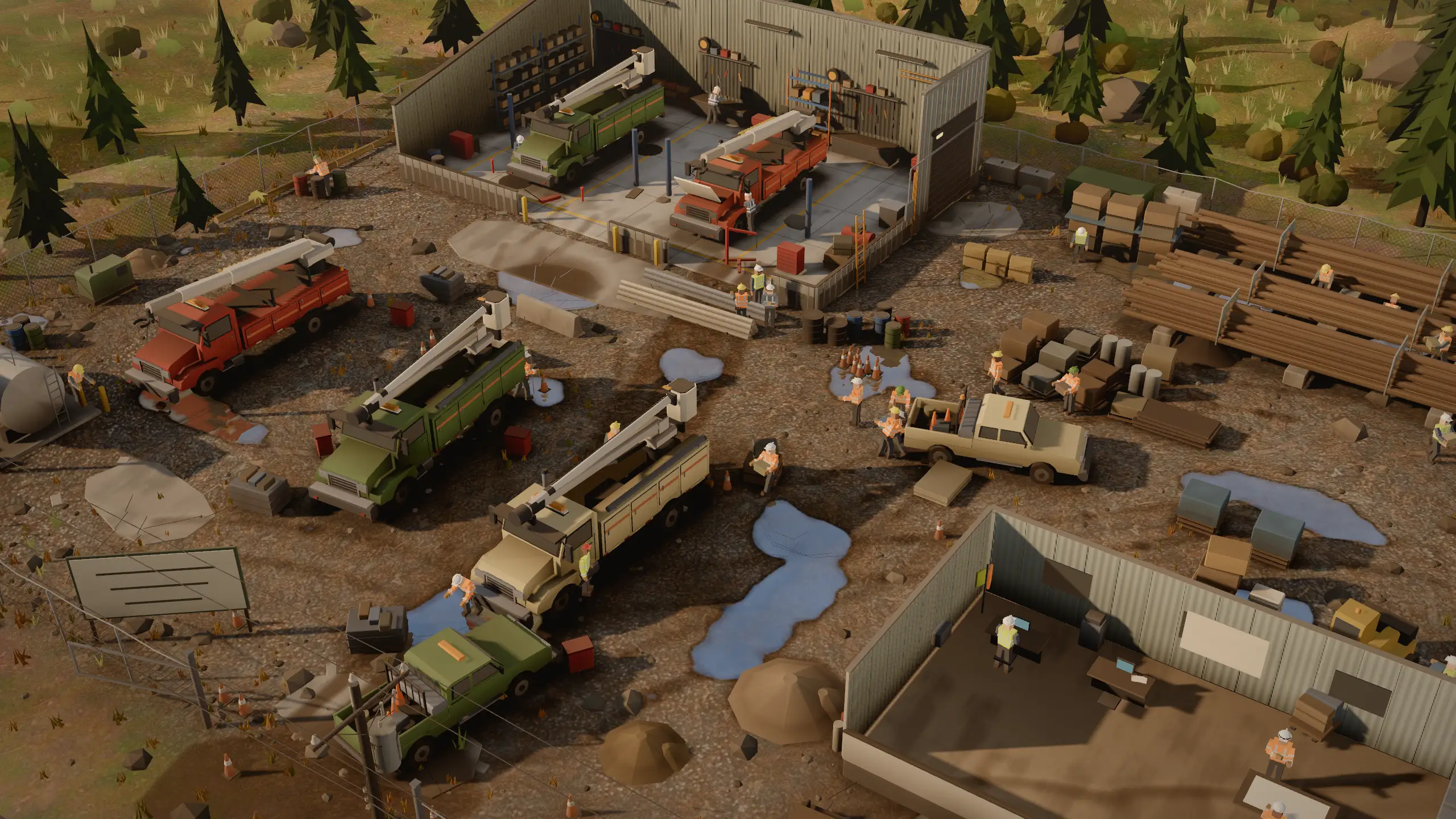 A fenced line yard: bucket trucks in the shop bays, pole stacks, a crew in the mud.