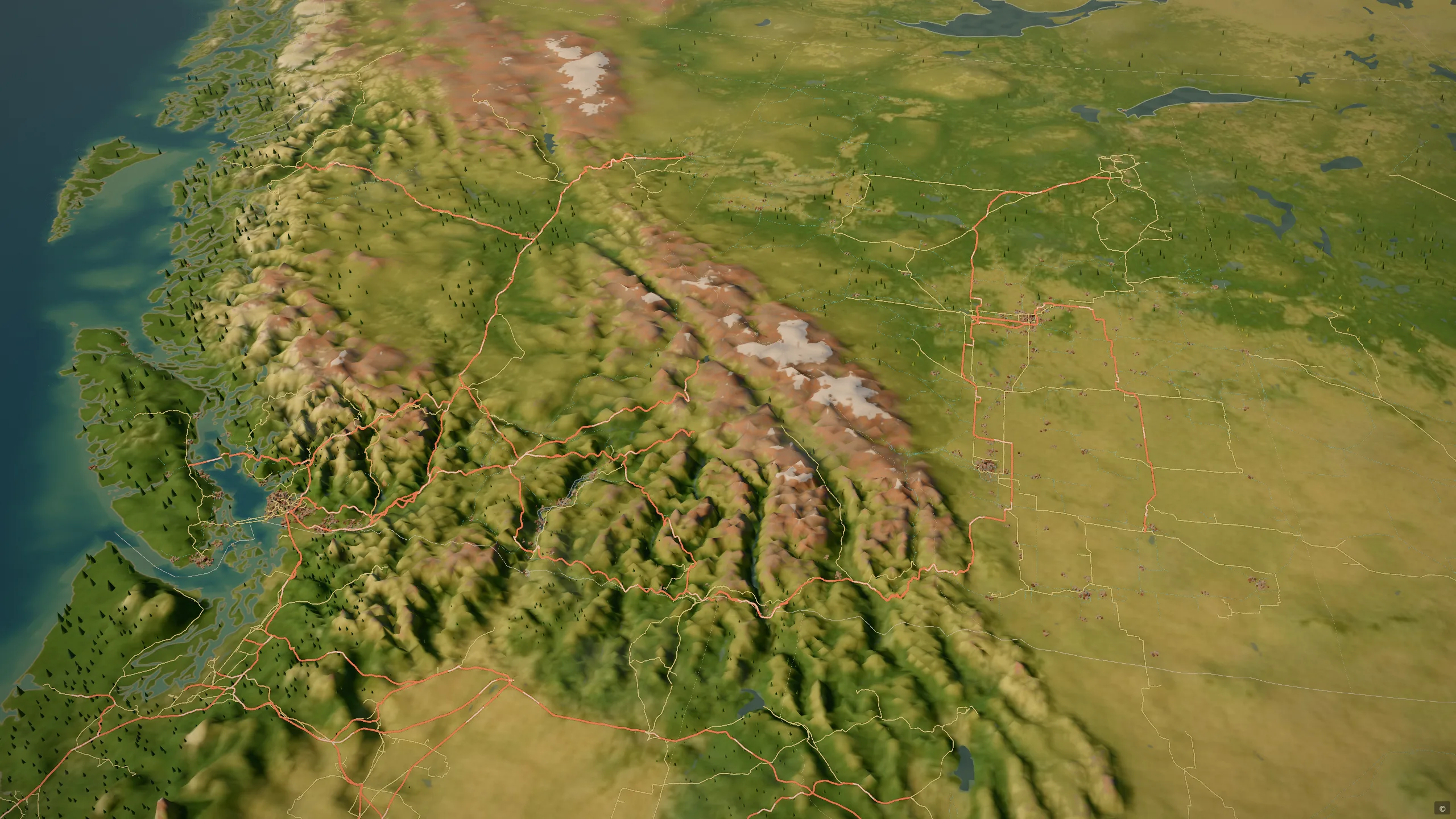 British Columbia and Alberta in shaded relief, the Rockies catching the light, with the real transmission grid drawn over the valleys.