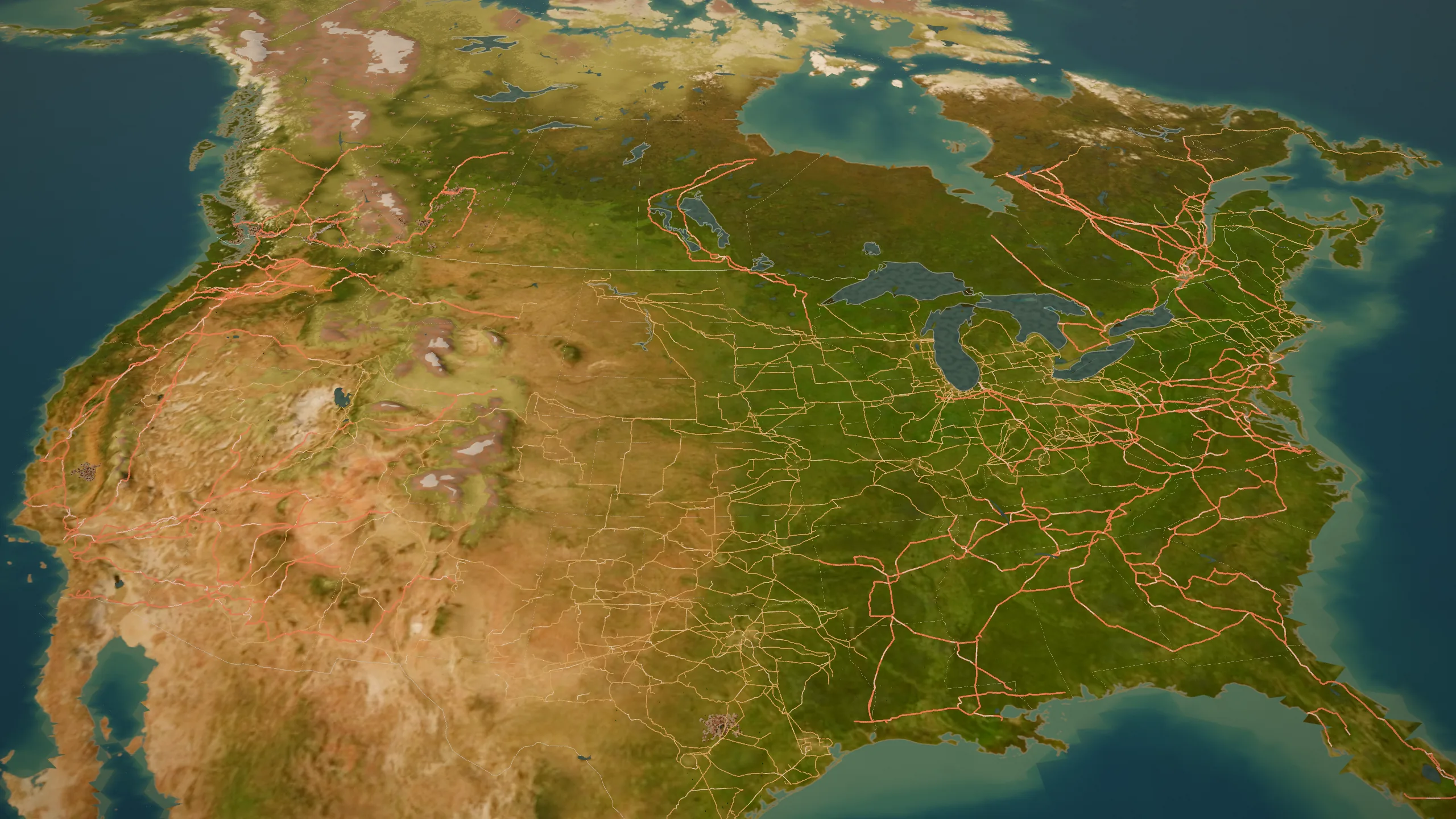 North America with the real power grid lit up over terrain